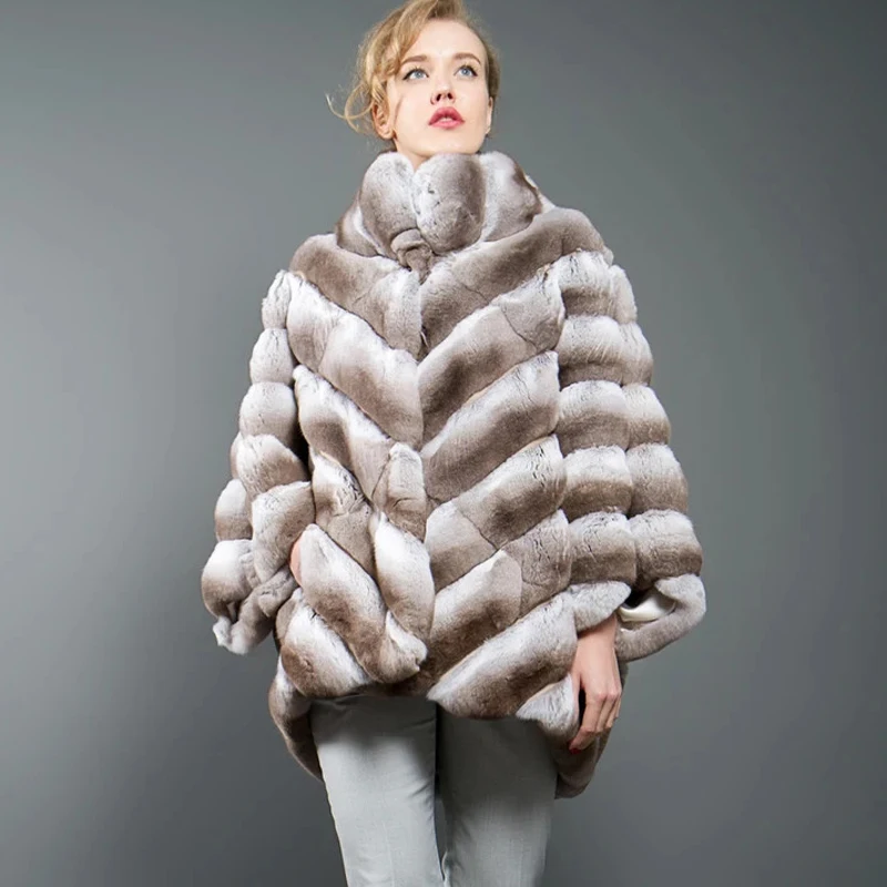 Real Fur Coat Women Winter Overcoats Luxury Real Chinchilla Color Rex Rabbit Fur Jacket With Stand Collar Natural Fur Coats 2022 enlarge