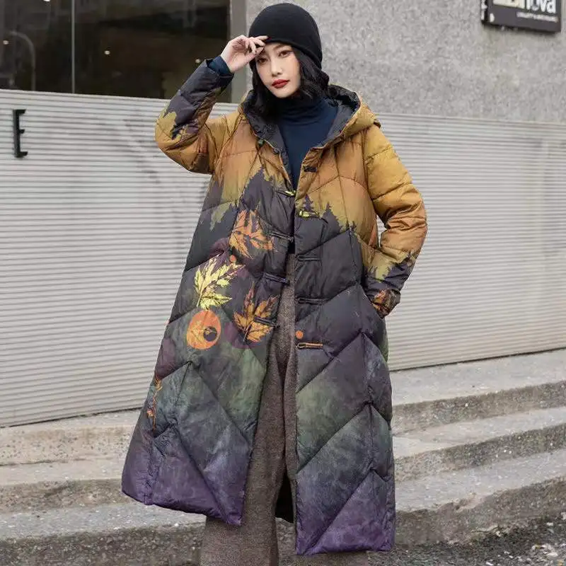 Women's Winter New Fashion Long Yellow Green Orange White Duck Down Coat Women's Loose Warm Jacket  Female Print Hooded Coat