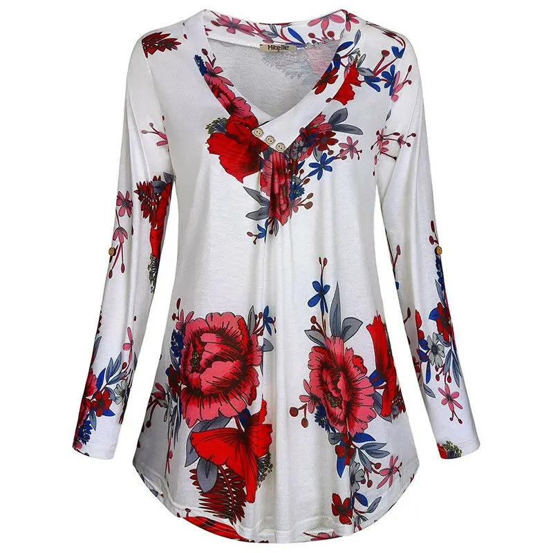 

Womens Floral V Neck Long Sleeve T Shirt Casual Baggy Tunic Top Blouse Plus Size