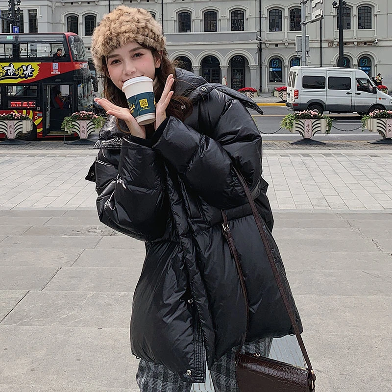 

Unua amo Winter Puffer Jacket Women Long Hooded Down Padded Parka 2021 Fashion Glossy Black Thicken Warm Winter Coat Woman