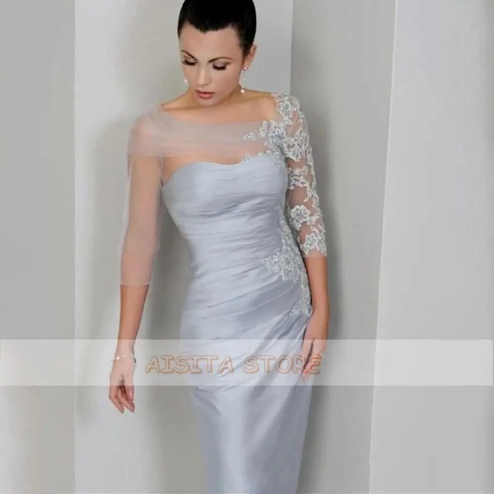 

Silver Grey Sheath Mother of the Bride Dresses 2021 Lace 3/4 Sleeve Pleat Wedding Tea Length Satin Plus Size Guest Gowns