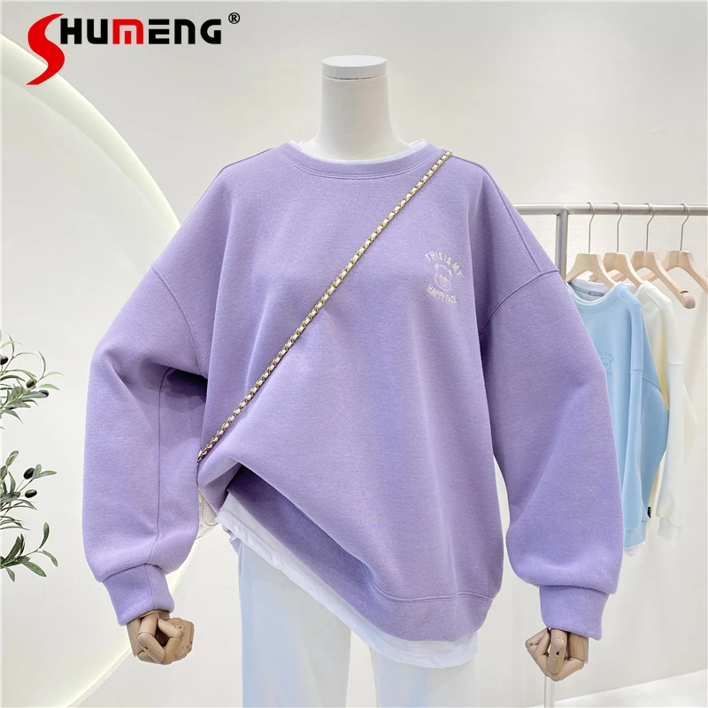 

New Ladies Fashion Fake Two-Piece O-neck Sweatshirt Women 2022 Spring Casual Embroidered Letter Loose Hoodie Simple Pullover Top