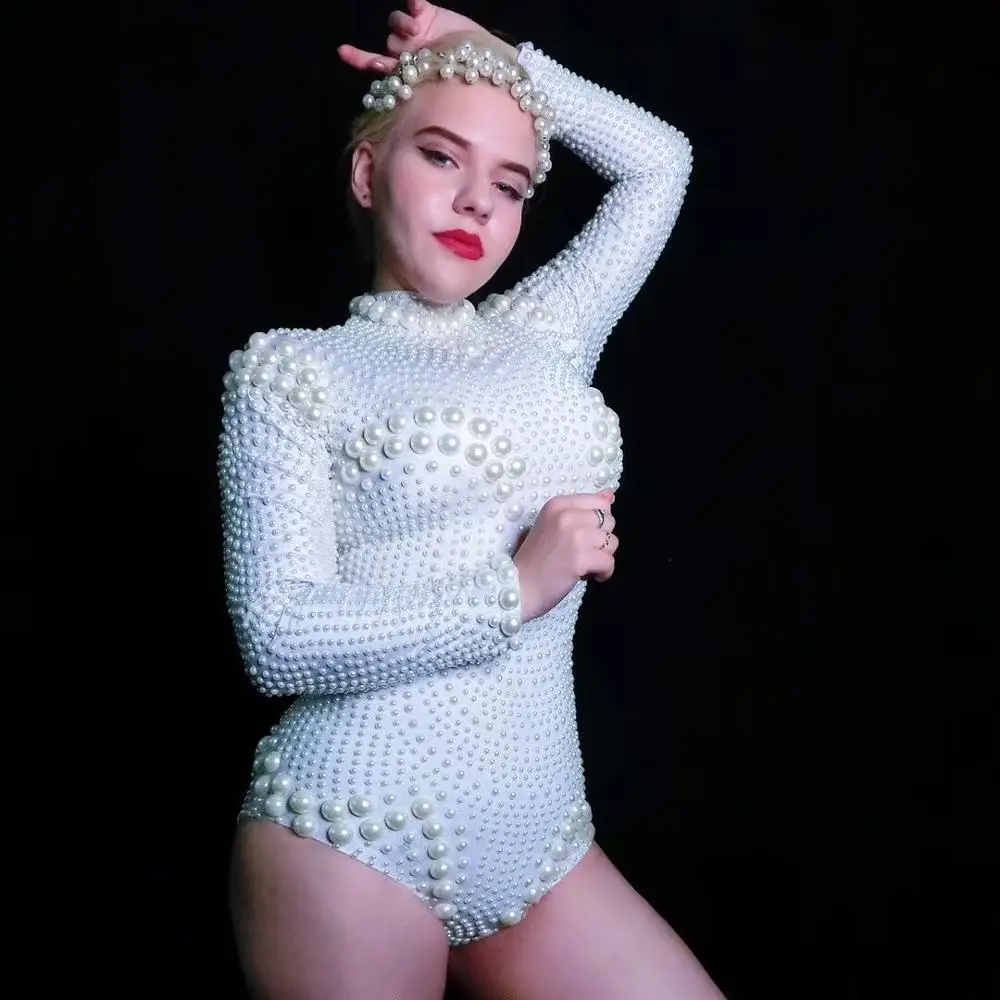 White Pearls Tight-fitting Bodysuit Long Sleeve Elastic Beads Bodysuits Sexy Singer Dancer Leotard Stage Wear Nightclub Costumes