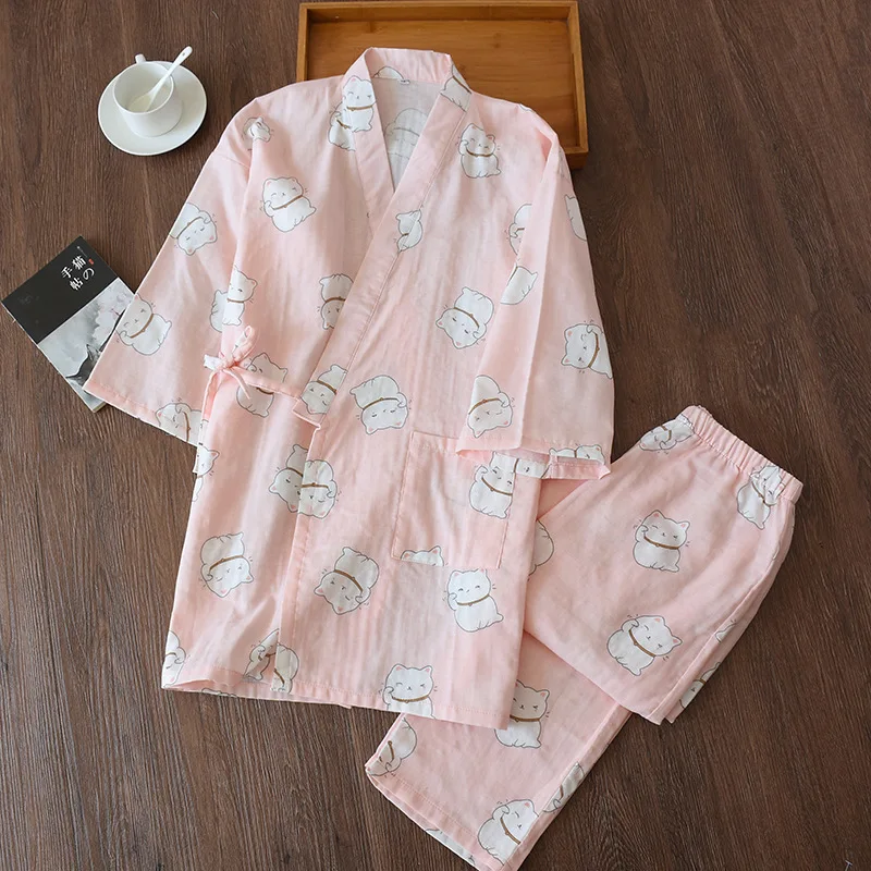 

Spring New Ladies Japanese Lucky Cat Kimono Traditional Pajamas Suit Cotton Gauze Home Service Bath Steamed Clothes Yukata Giyim