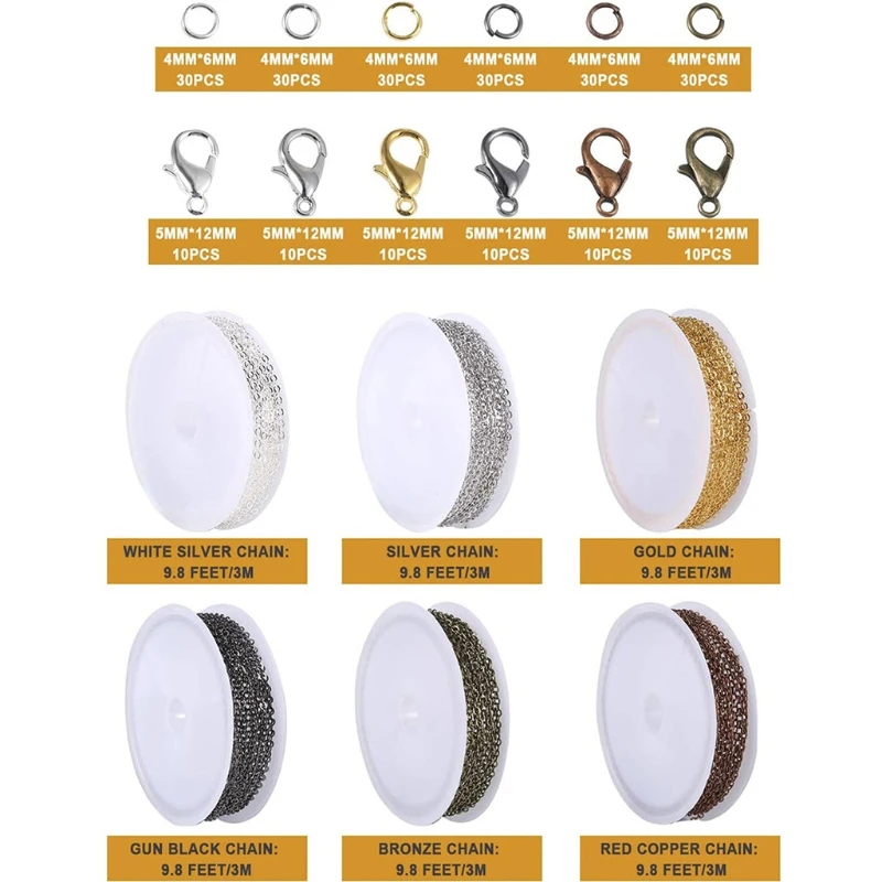

3XUA 6-color Combination Alloy Chains with Lobster Clasps Open Jump Rings for DIY Crafts Jewelry Findings Making Supplies