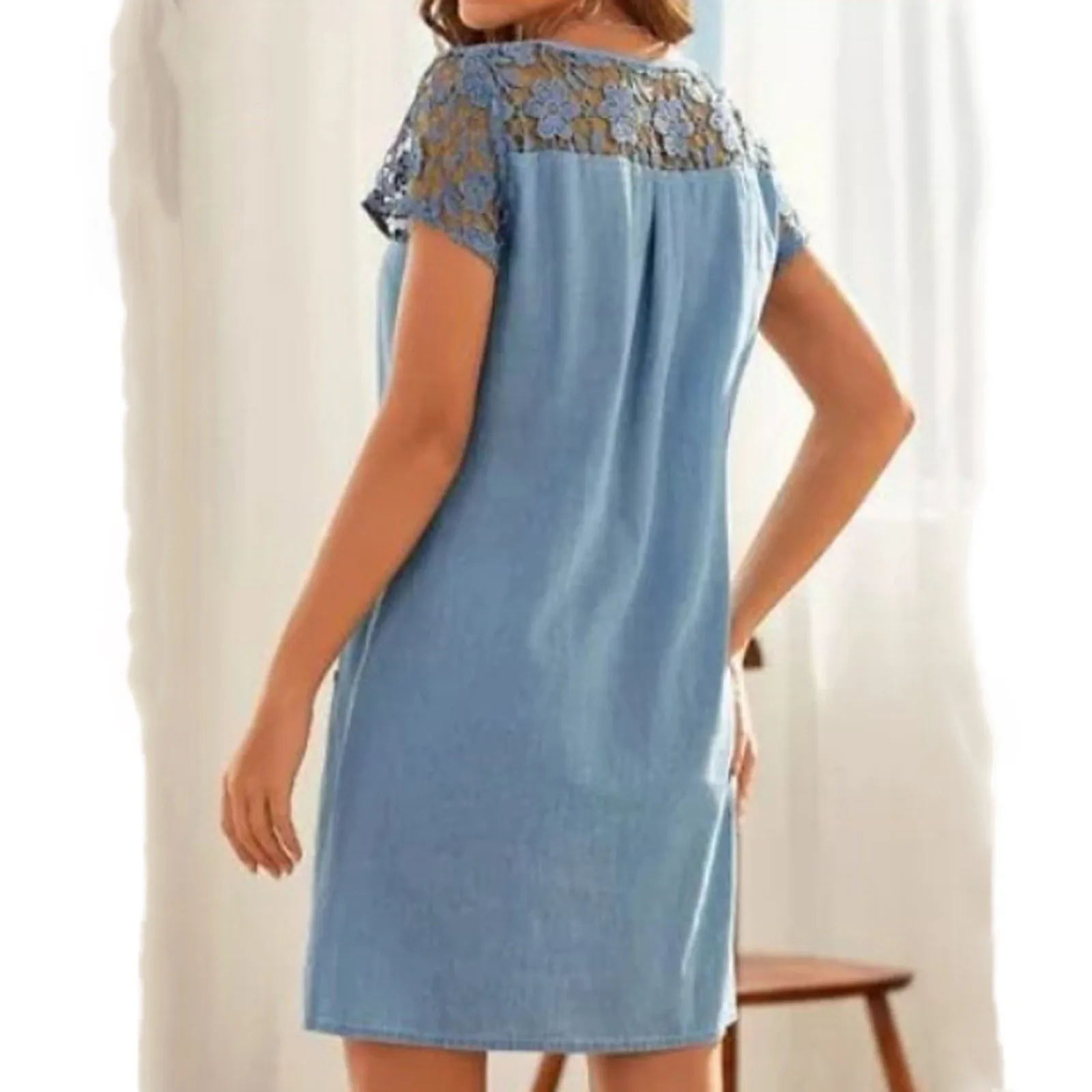 Short Dresses For Women Casual Elegant Plus Size V Neck Sleeve Dress Denim Faux Jean Pocket Solid Color Loose Skirt | Женская одежда