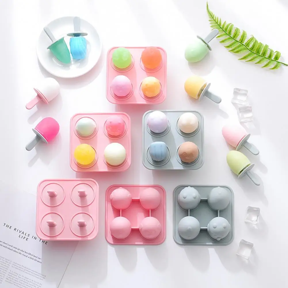 

1 Set 4 Grids Ice Cream Mold Non-stick Low Temperature Resistance Silicone Kitchen Silicone Ice Cream Mold for Kids Summer Time