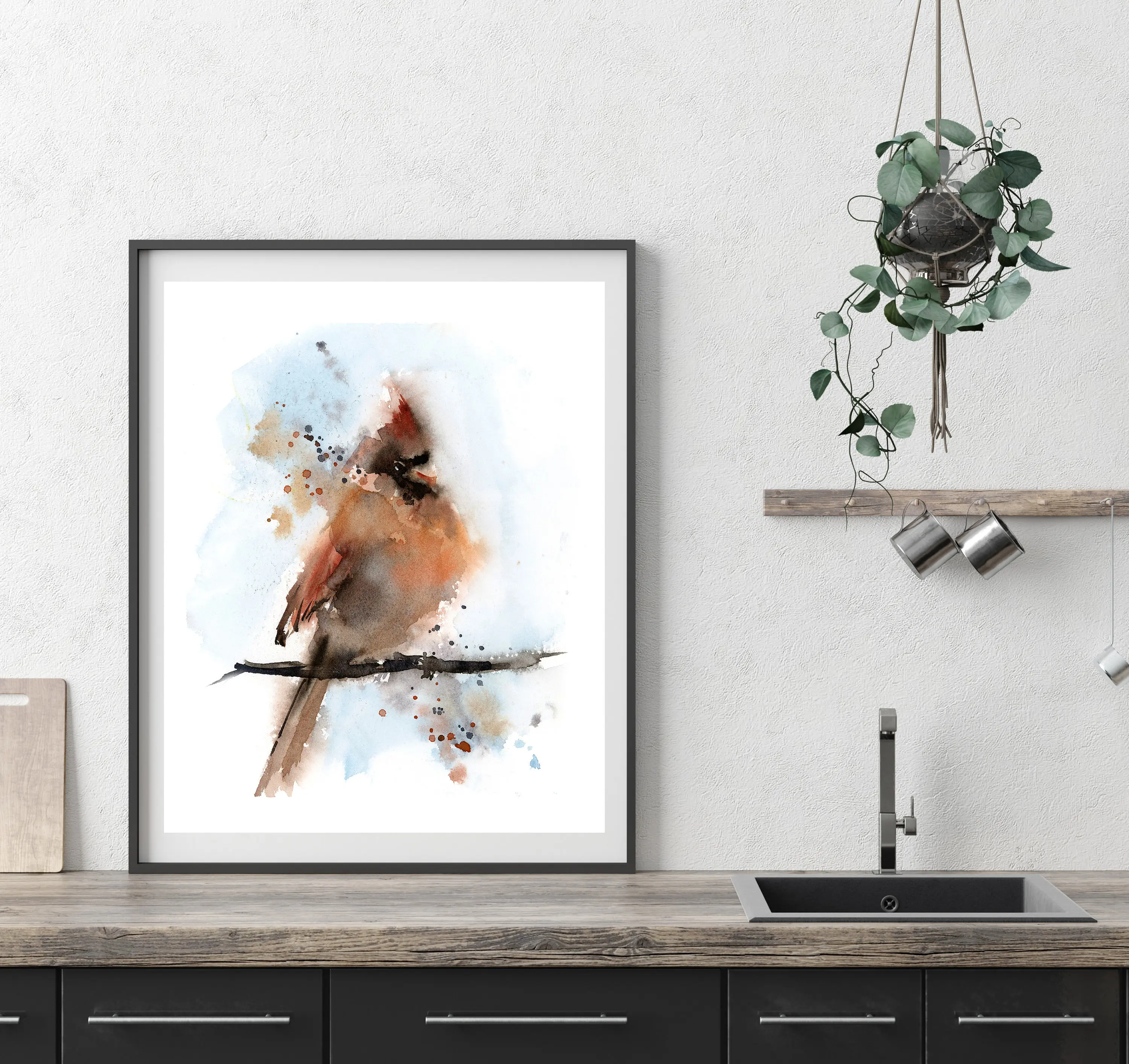 Cardinal Art Print Bird Loose Style print Painting Northern Giclée Archival of Red blue Pr  Дом и