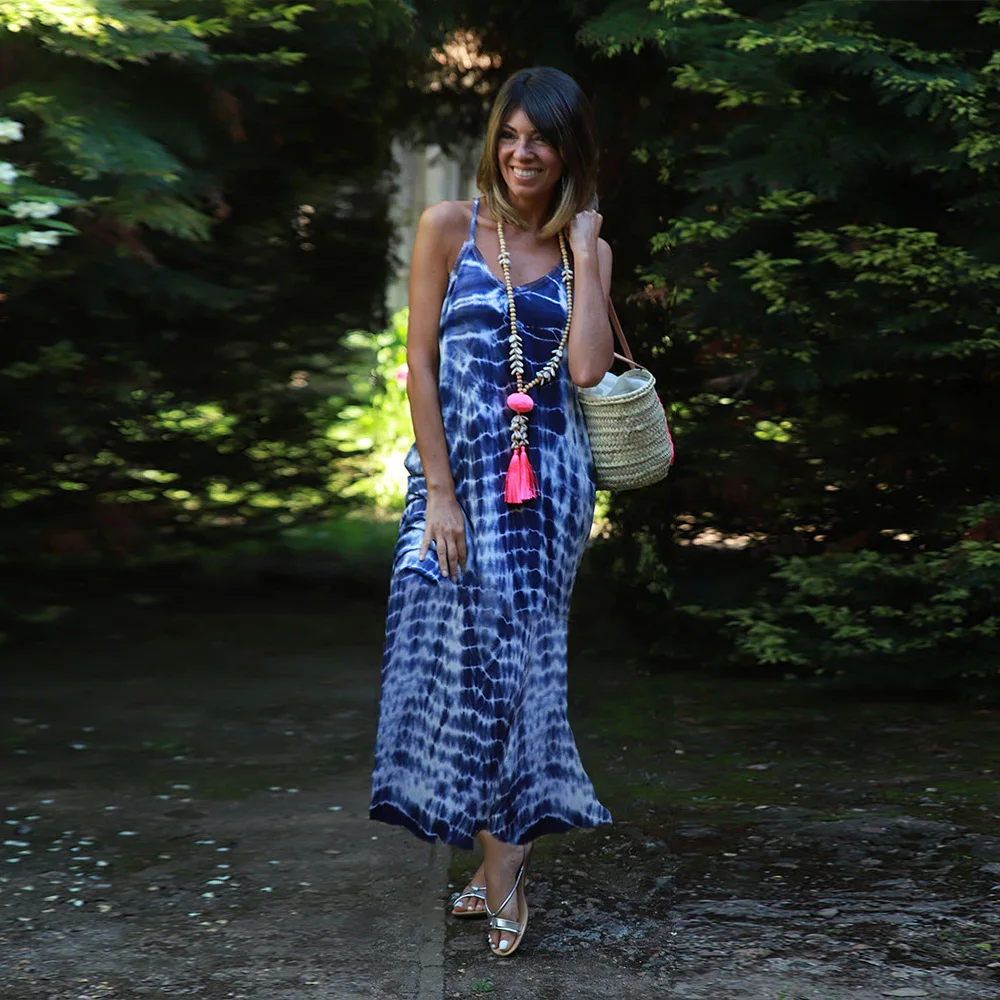 

Women's Summer Boho Tie dyeing Maxi Dress Ladies V-neck Sleeveless Dress Casual Beach Loose Holiday Dress Vestidos De Verano