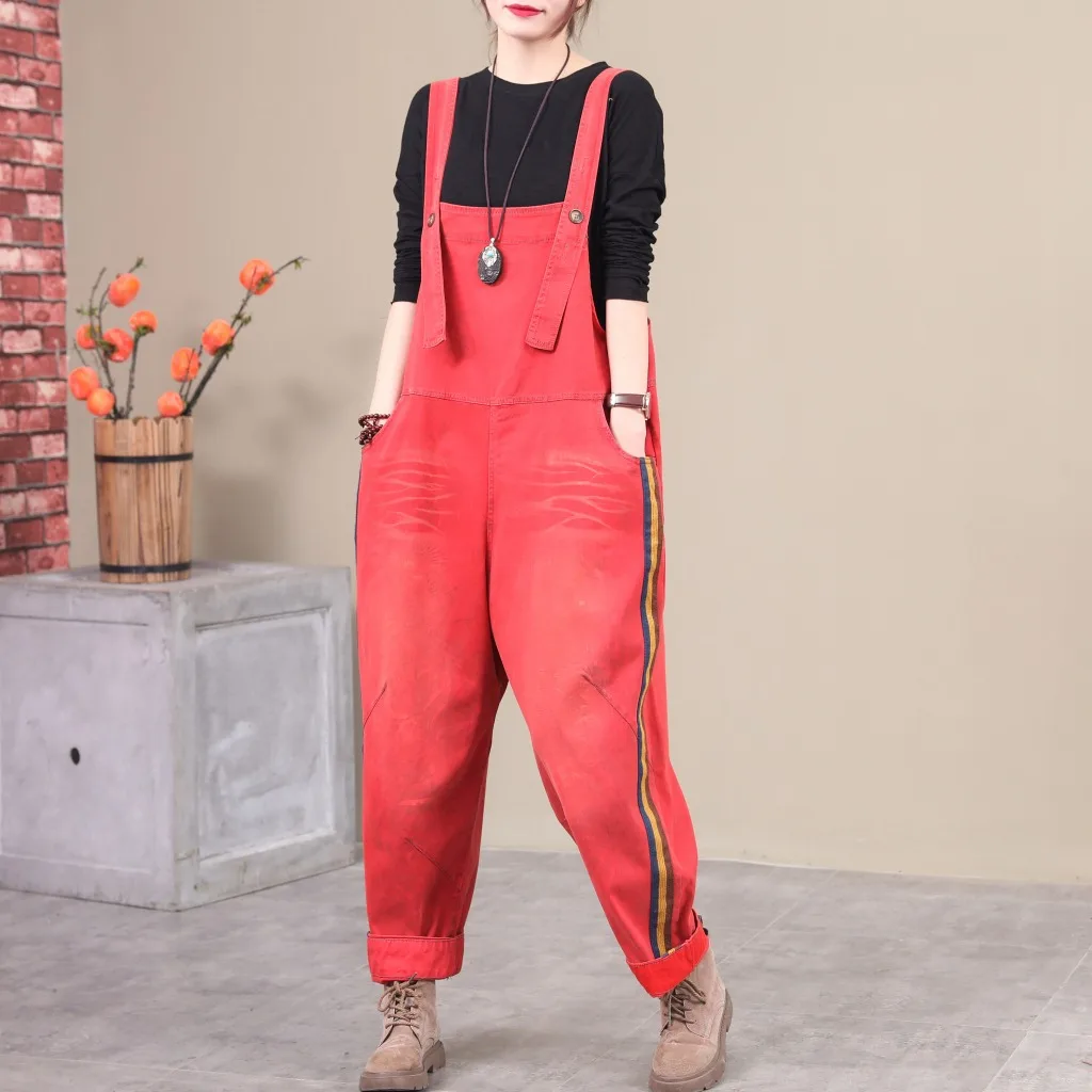 

old stitching striped denim overalls loose large size casual solid color piece spring new female Rompers Overalls