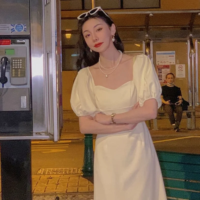 

French Backless Vintage Midi Dresses Women Casual Short Sleeve Elegant Fairy Dress Females Korean Style Solid 2021 Summer Chic