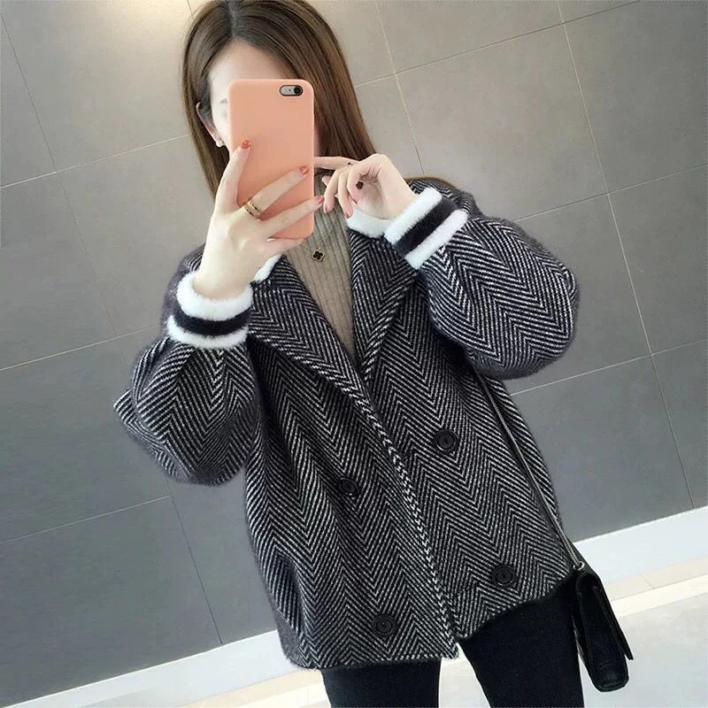 Women's Fashion Double Breasted Spring Coats Short Section Pretty Herringbone Wool Jackets Female Sweater Knitted Mink Jacket