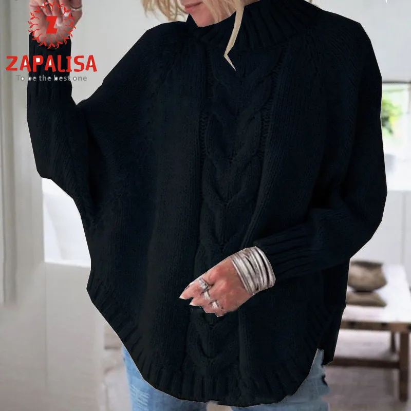 

Fashion Women Autumn Winter Sweaters Hollow Out Design High Collar Batwing Long Sleeve Solid Color Casual Loose Pullovers Top