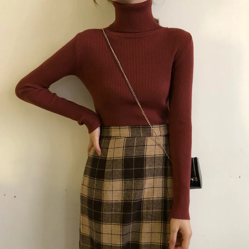 

Winter Fashion All-Match Turtleneck Knit Pullovers Sweater Women Autumn High Elastic Solid Slim Bottoming Knitted Pullovers Top