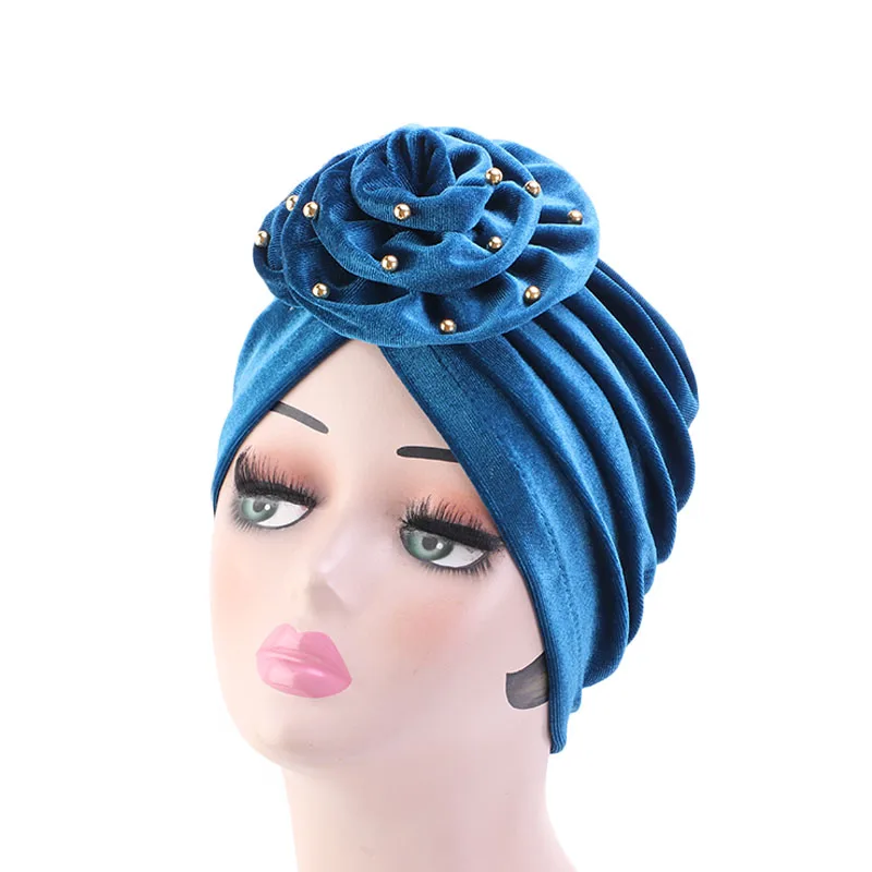 

New Fashion Velet Flower Turban Hat Women Solid Color Headwear India Muslim Beaded Bonnet Cap Girl Hair Accessories Headwrap