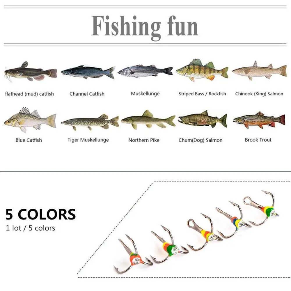 

5 pcs Fishing Treble Hook Colorful Ice Hook Carbon Steel Winter Overturned Barbed Trebles Hooks With Diamond Eye Fishing Tackle