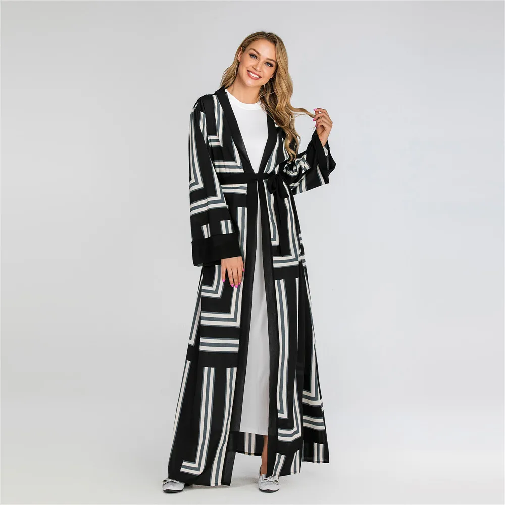 Женский кардиган с длинными рукавами модный Мусульманский Стиль полосатый
