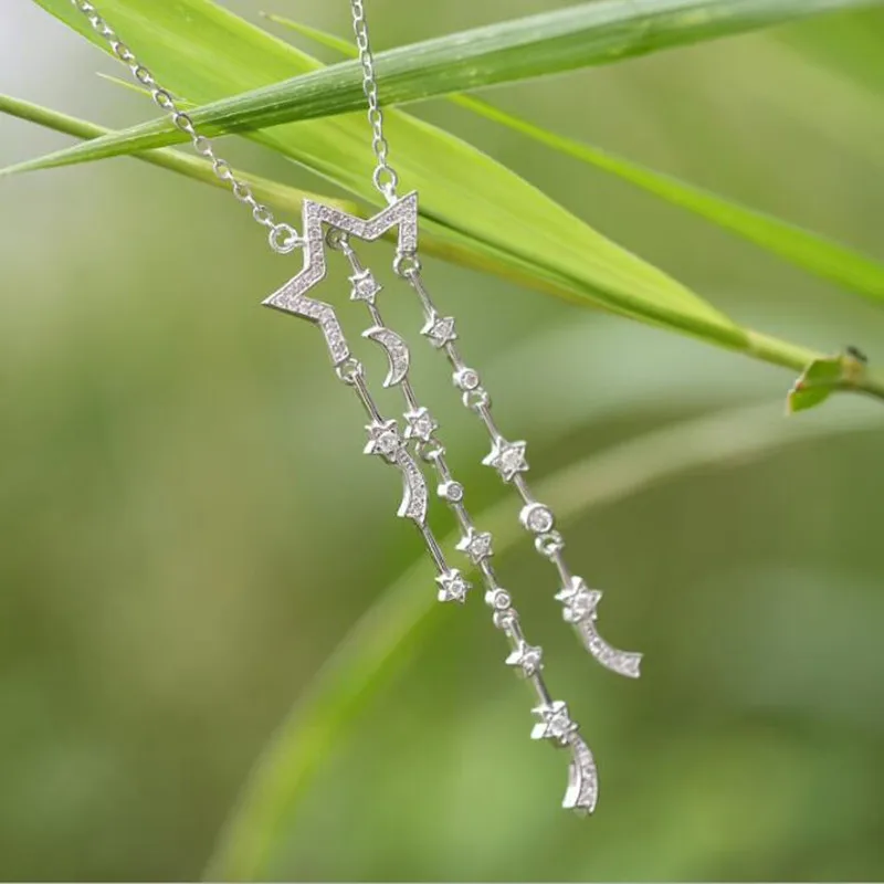 

Personality 925 Sterling Silver Jewelry Korean Fashion Tassel Star Moon Accessories Female Pendant Necklaces H129