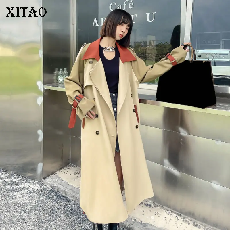

XITAO, новинка, Женский Тренч с повязкой, контрастный цвет, модное, простое, темпераментное, повседневное пальто, осень 2021, универсальная, GWJ0404