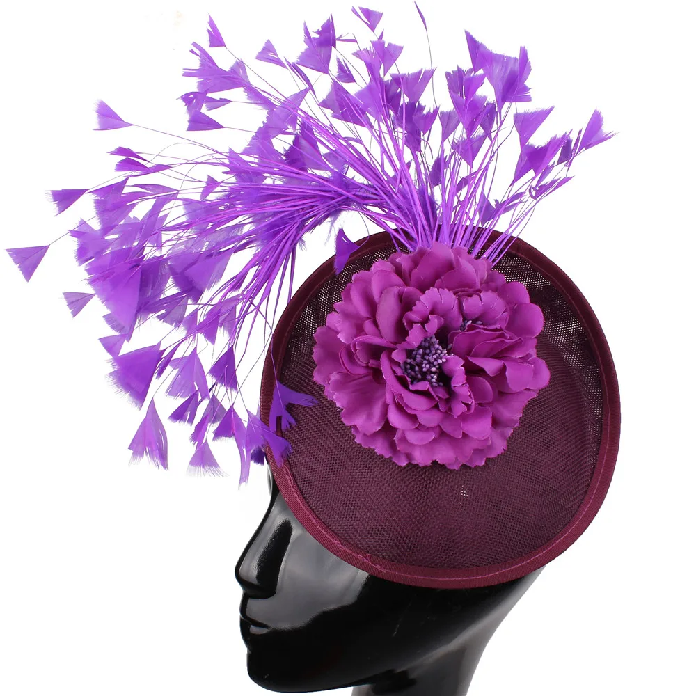 

Fashion Purple Flower Women Fedora Cap Hair Clip Fancy Feathers Fascinators Nice Wedding Headpiece Elegant Ladies Headwear