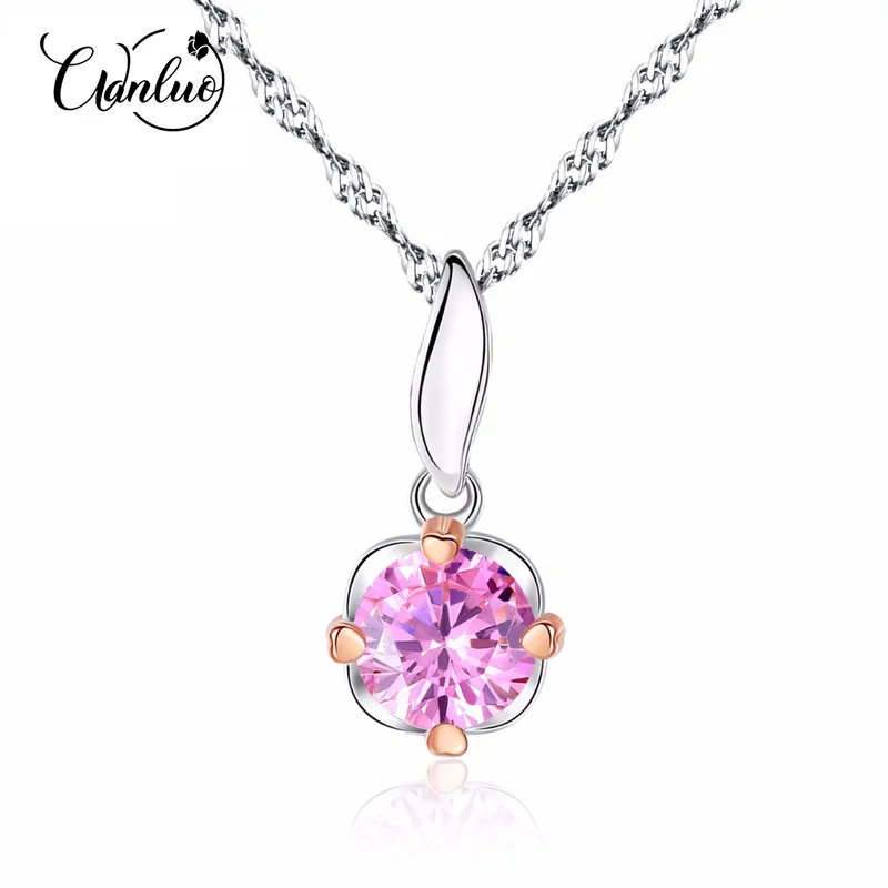 

WANLUO Simple Flowers Style Romantic Pink Zircon Stone Shiny Women 925 Silver Two-Color Gold Pendant Necklace Water Wave Chain