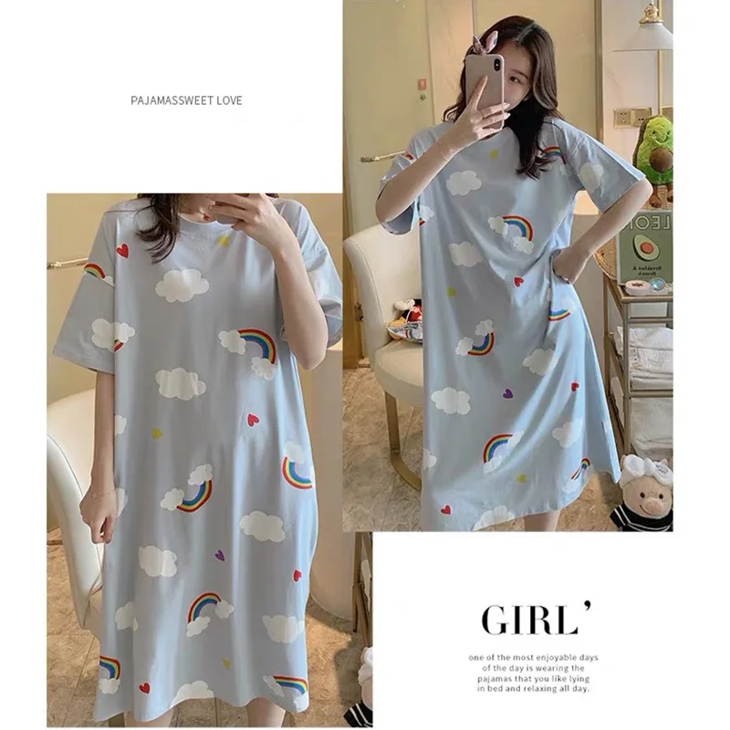

Loose Summer Korean Cartoon Nightdress Comfortable Short Sleeve Plus Size Sexy Sleepwear Kawaii Sweet Girls Sleep Dress with Bag