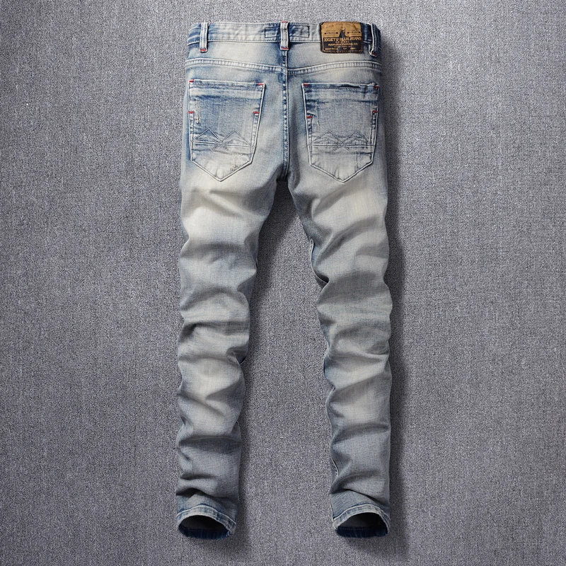 Italian Style Fashion Men Jeans Retro Light Gray Blue Elastic Slim Ripped Jeans Men Patch Vintage Designer Casual Denim Pants