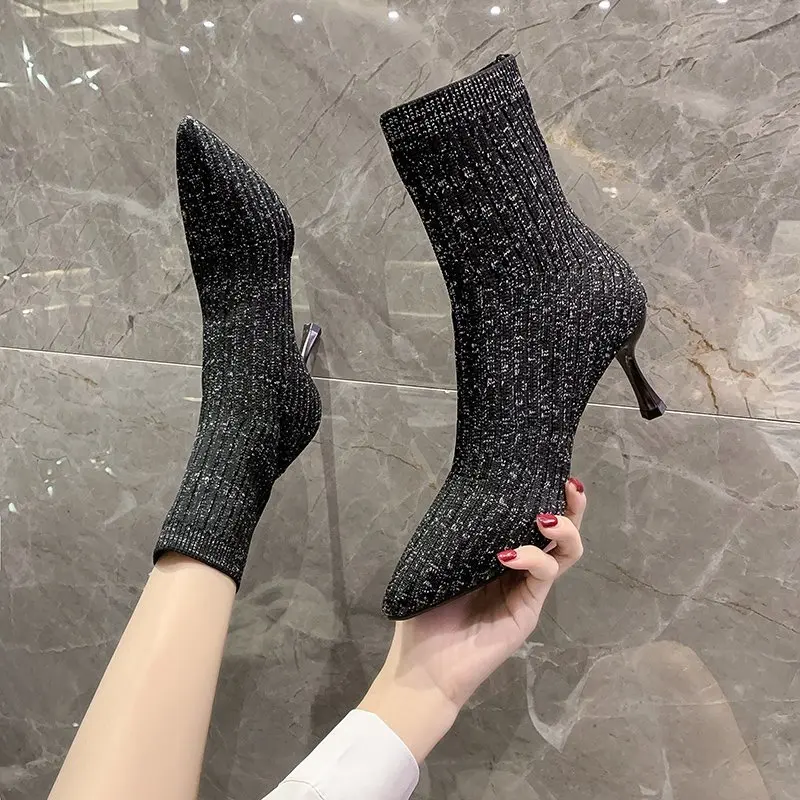 

New Women's Shoes Stretch Fabric Sock Boots Autumn Winter Mid-calf Boots Sexy Ladies Thin High Heels Pointed Toe Female Pumps