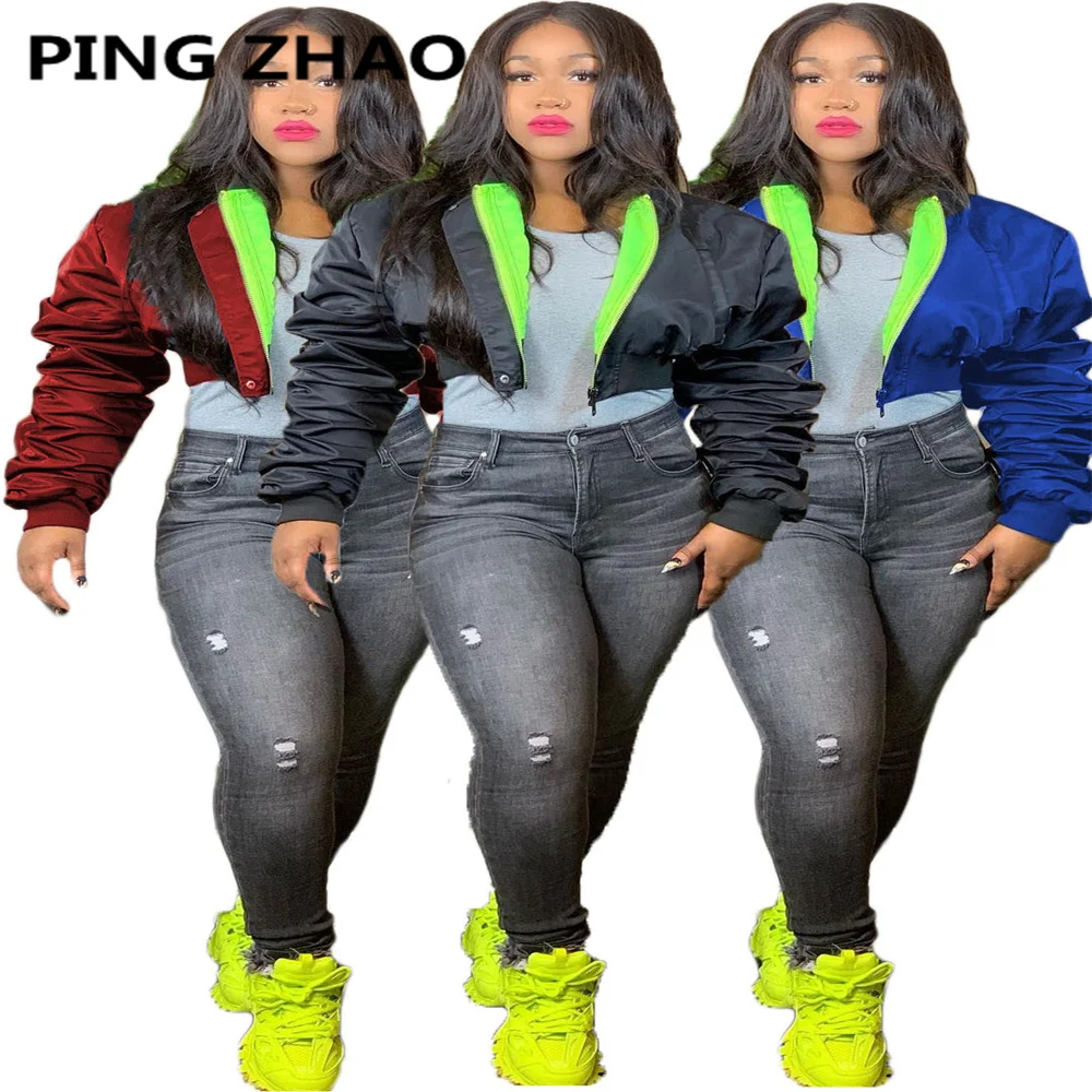 

PING ZHAO Fall Women Zipper Up Patchwork Parkas Jackets Streetwear Full Sleeve Casual Down Wool Coats Slim Casual Jackets