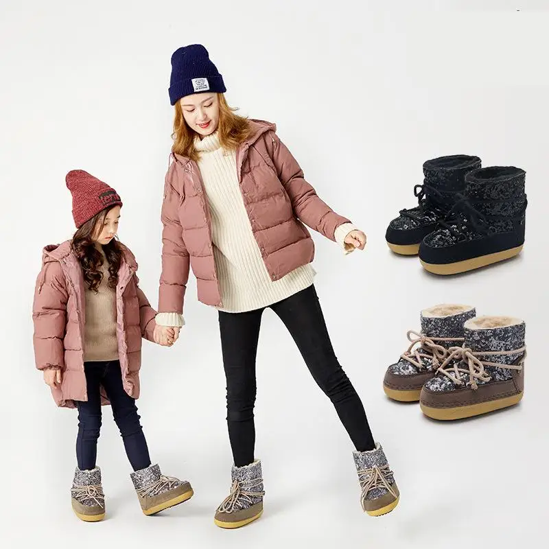 

Зима 2021, детские зимние ботинки, кожаные модные водонепроницаемые ботинки с блестками для девочек, детская обувь для родителей и детей, Лыжн...