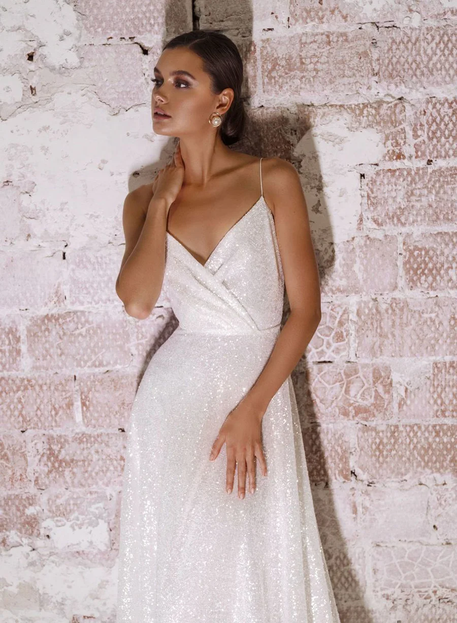 

SSYFashionn New White Sexy Evening Dress for Women V-neck Backless Simple Sequins Beach Party Formal Gowns Vestidos De Noche