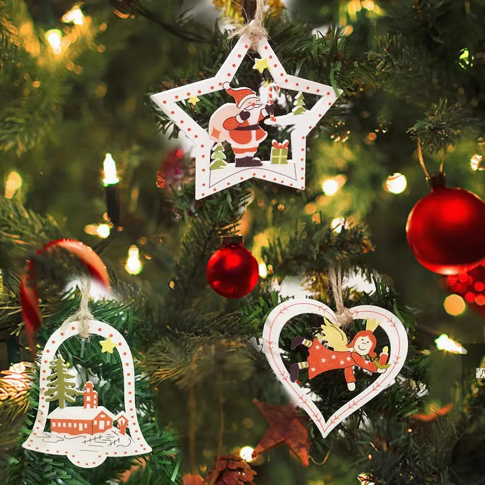 

10pcs Wooden Christmas Tree Pendent Cartoons Snowman Ornaments Home Decoration