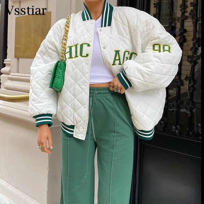 

Vsstiar Baseball Jacket Women Autumn Winter Button Up Oversized Bomber Coat Fashion Casual Loose Letter Varsity Vintage Coats