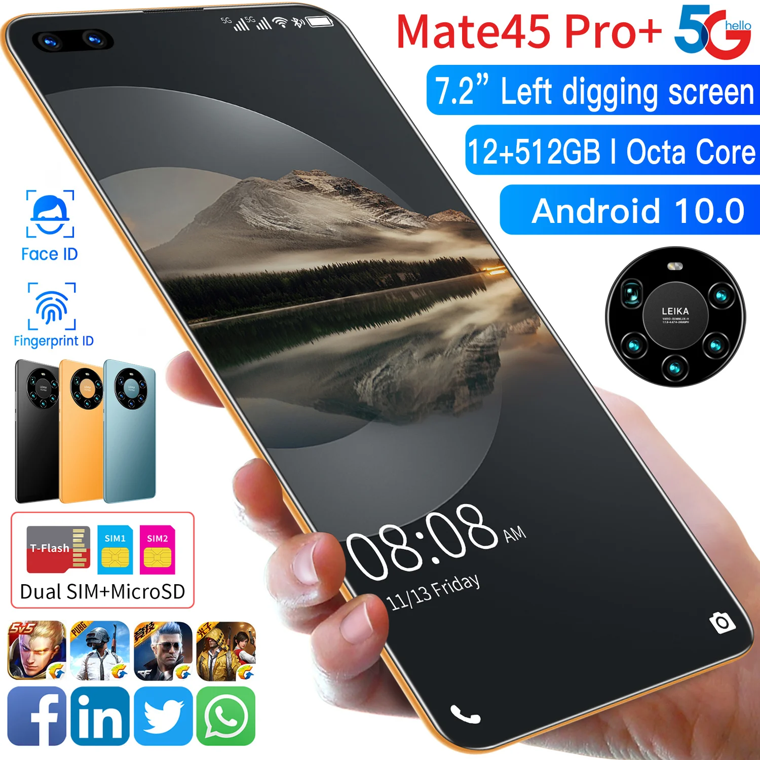 

Смартфон глобальная версия Mate45 Pro +, 7,2 дюйма, полный экран, Восьмиядерный, 24 Мп + 48 МП, 8 ГБ, 256 ГБ, 4G LTE
