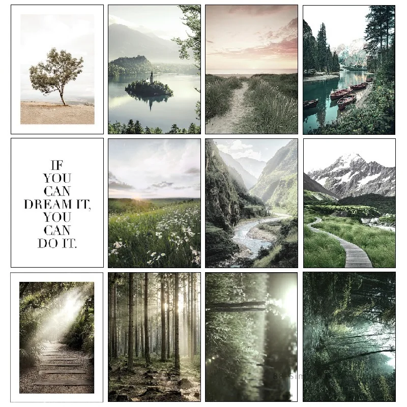 Скандинавский зеленый лес пастбище озеро пейзаж постер тропа в долине искусство