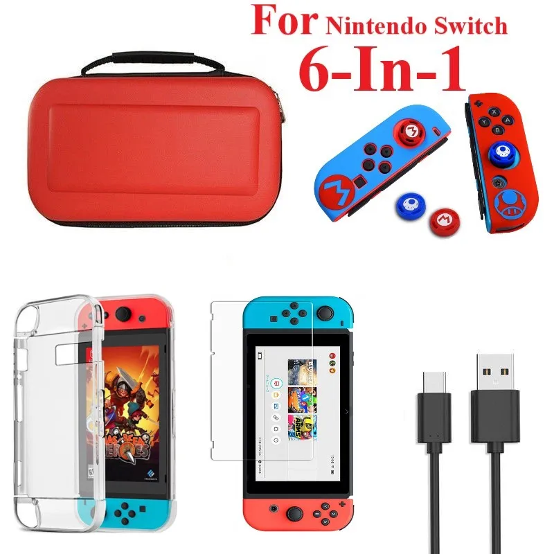 Аксессуары для Nintendo Switch 6 в 1 защитная сумка + прозрачный чехол закаленная пленка