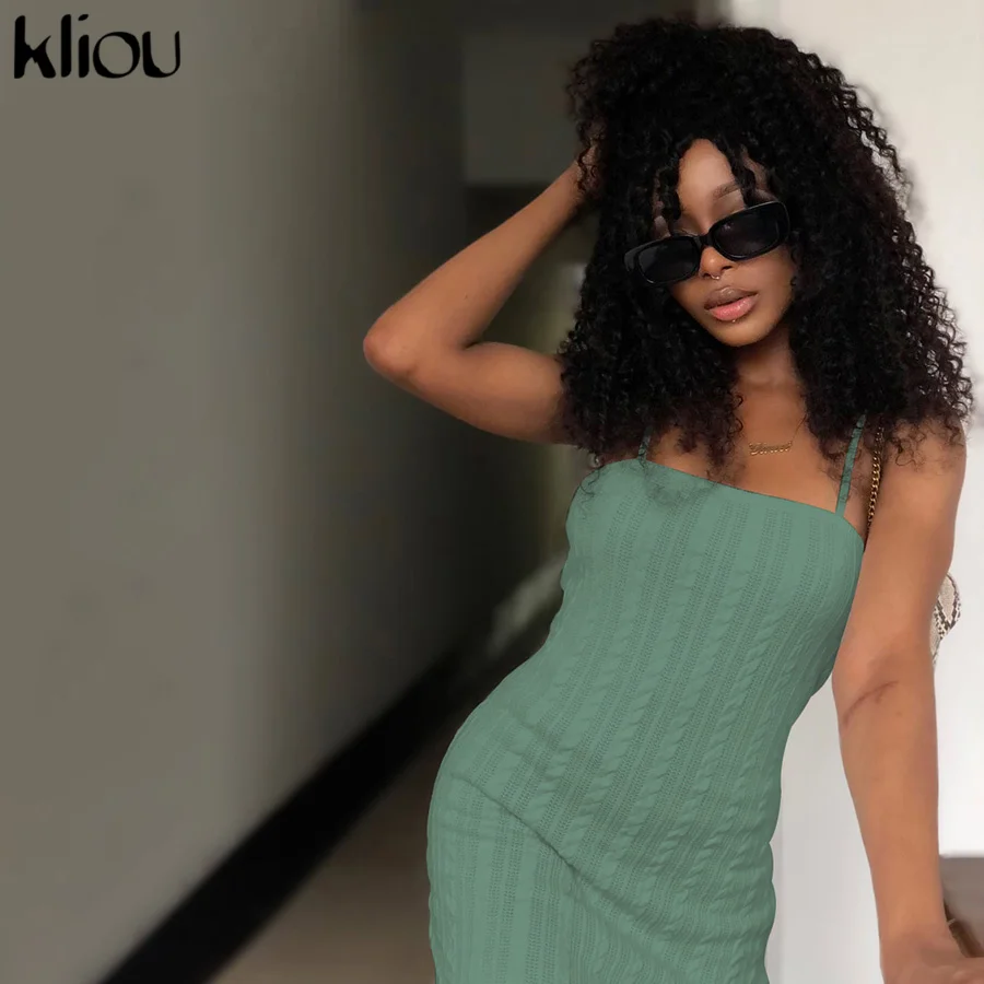 

Kliou Ribbed Knitted Maxi Dress For Women Classic Casual Solid Side Slit Camisole Sleeveless Slash Neck High Street Female Wear