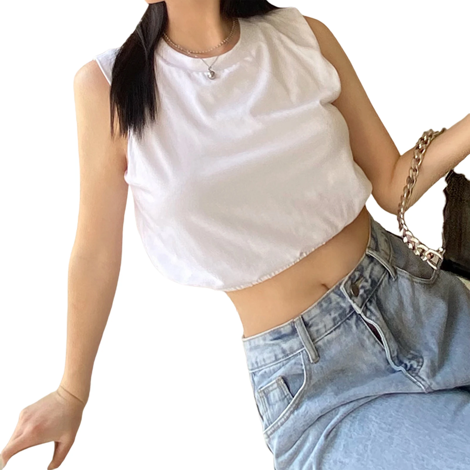 

Women Fashion Sleeveless Solid Color Tops Stylish Round Neck Tank Top for Shopping Daily Wear