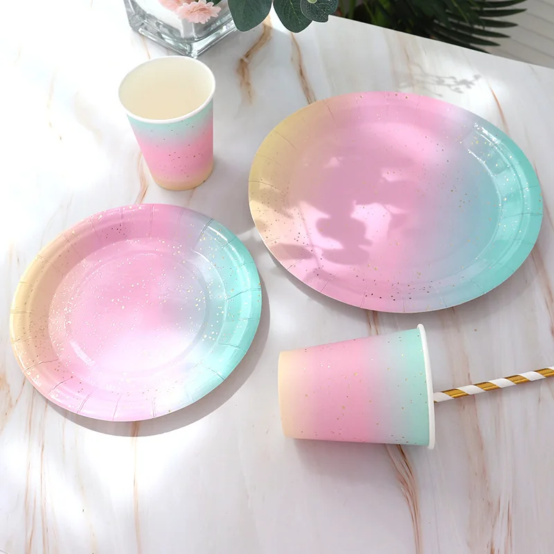 

Bronzing Rainbow Paper Plate Cup for Wedding Party Tableware Disposable Birthday Paper Cake Plate Party Supplies Decor 30pcs