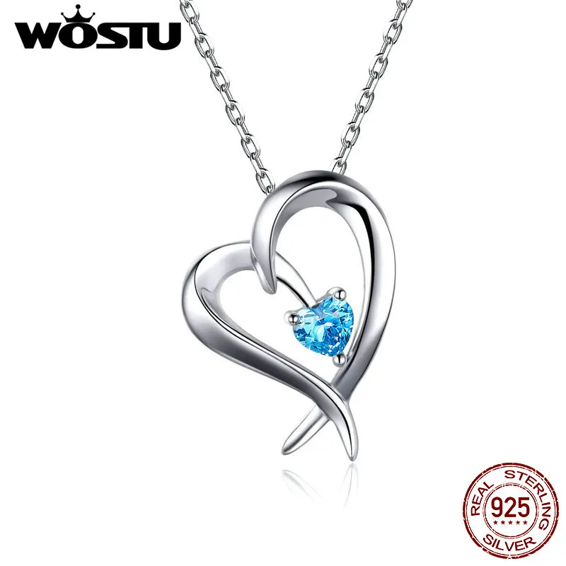 WOSTU, 925 пробы, серебряная форма моего сердца, подвеска, ожерелья, блестящий синий CZ, длинная цепочка для женщин, 925, ювелирное изделие, подарок для влюбленных, CQN311