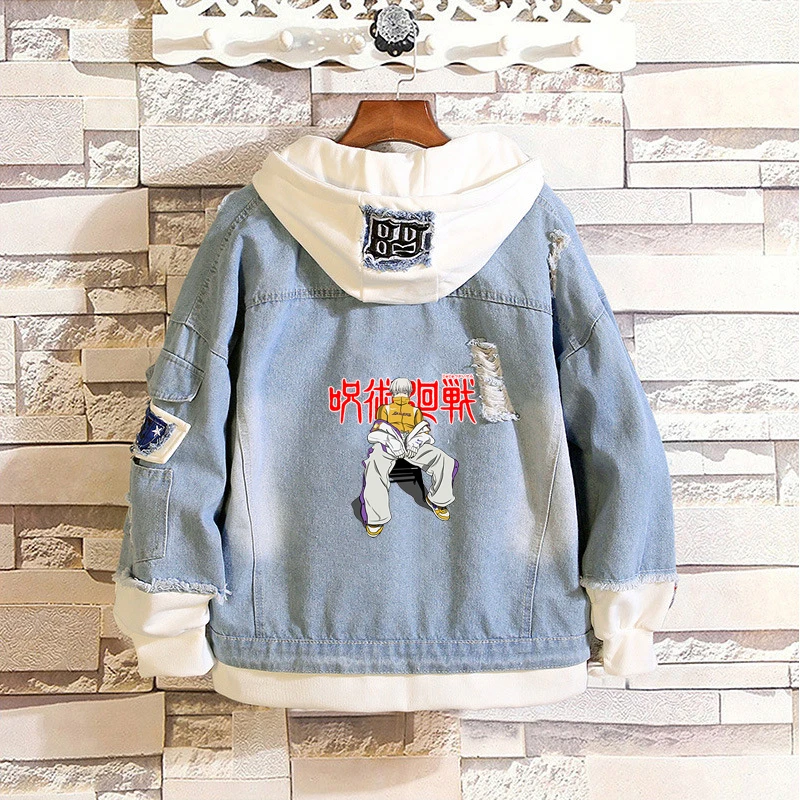 

Anime cartoon Men Jeans Jacket Scout Regiment Denim Male Jacket Autumn Eren Jager Hooded Sweatshirt Street Casual Coat 2021