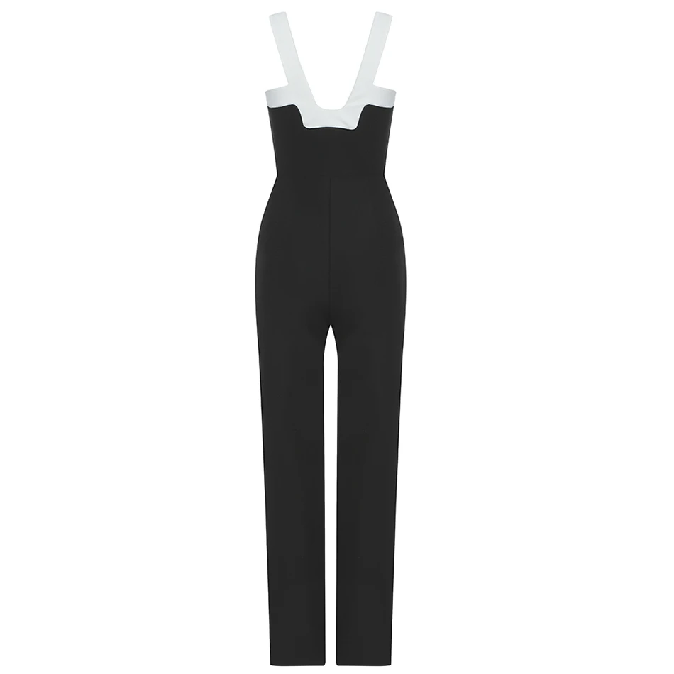 

Summer 2020 New Women'S Chic Black Patchwork Sexy Spaghetti Strap V-Neck Backless Bandage Jumpsuit Bodycon Party Club Jumpsuit