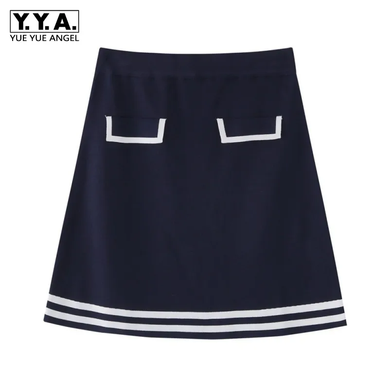 

French Striped Short A-Line Skirts Women High Waist Ice Silk Knitting Mixed Color Elastic Elegant Wrap Skirt Preppy Style Summer