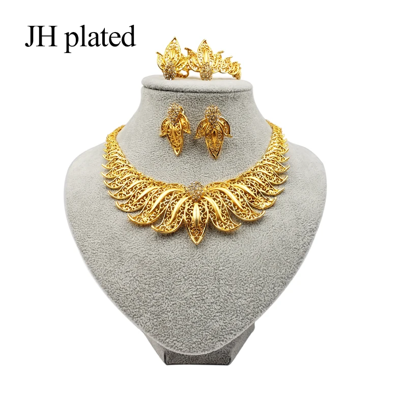 JHplated Новинка Дубай Модные Ювелирные наборы Африканский Золотой цвет свадебные подарки вечерние для женщин украшение колье серьги кольцо