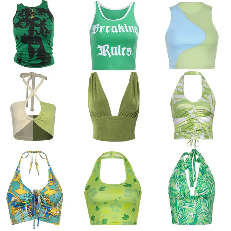 

90s Women Sexy Cami Top Y2K Aesthetic Green V Neck Sleeveless Backless Halter Crop Vest E-girl Vintage Summer Tank Top Clothes