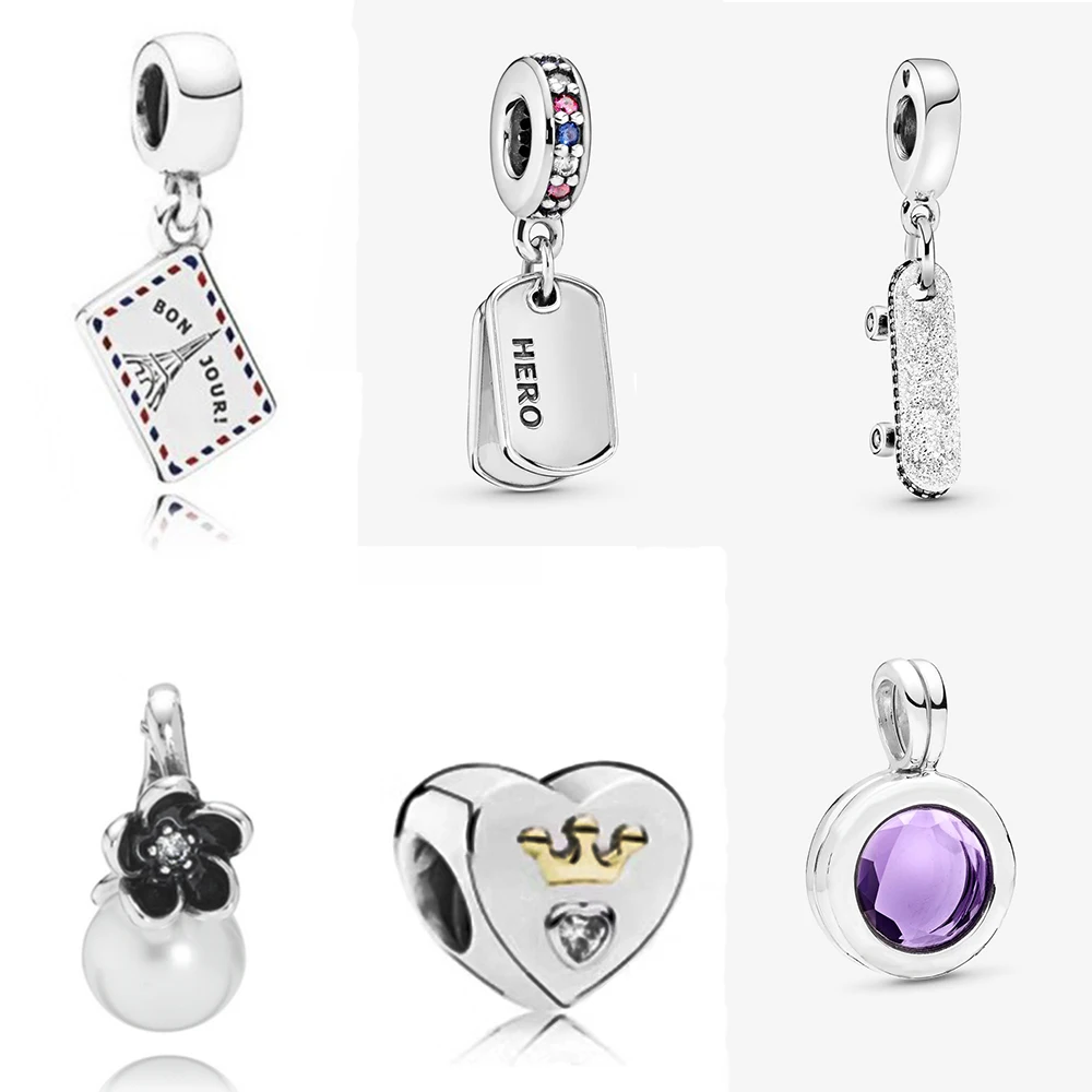 

New Fashion 925 Sterling Silver Eiffel Tower HERO DOG TAG Multi-color CZ Blue Crystal Pendant Charm Original DIY Jewelry