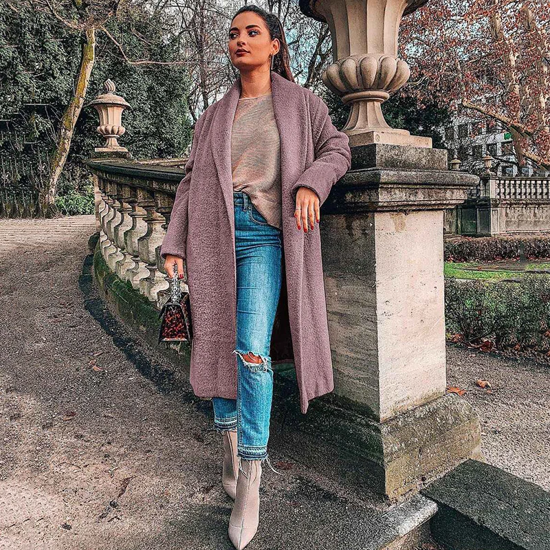 Осень-зима 2019 модное одноцветное шерстяное повседневное пальто женское теплое