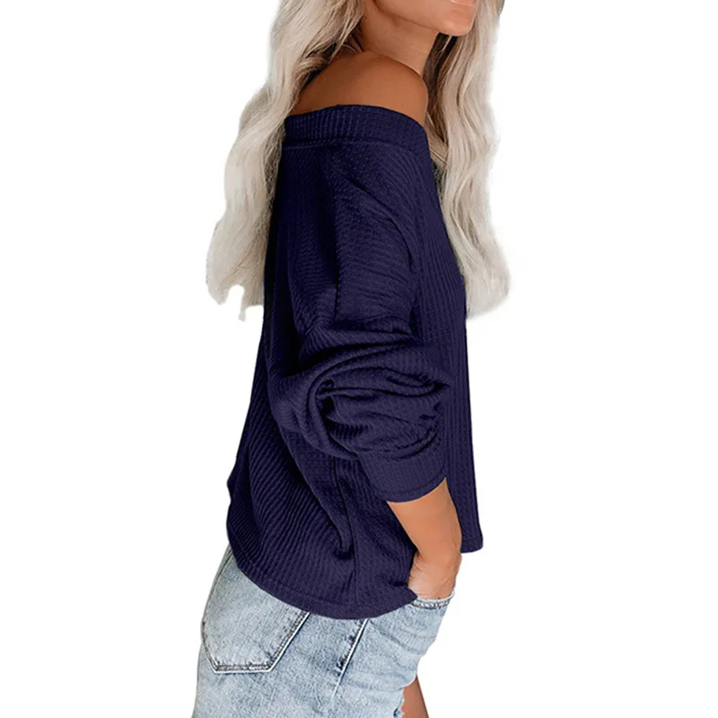 

New2019 Autumn And Winter New Hot Style V-neck Waffle Loose Lantern Sleeve T-shirt Top European And American Women's Clothing