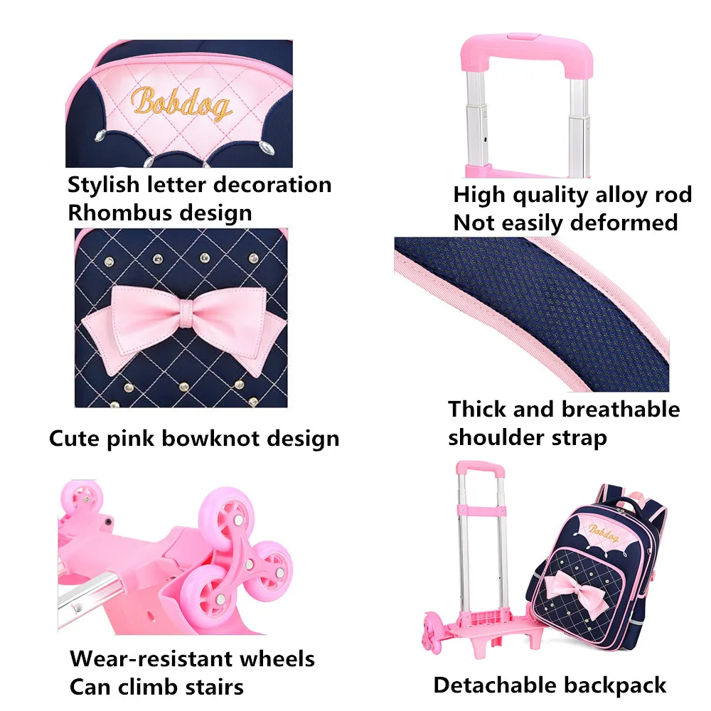 Рюкзак на колесиках для девочек школьные ранцы принцессы с милым бантом детский