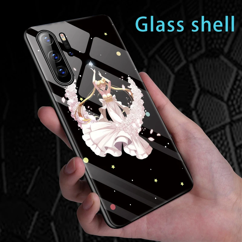 

Luxury Cartoon Crescent Girl Tempered Glass Phone Case For Huawei P40 P30 P20 P10 Pro Lite Mate 30 20 Honor 9 8X Silicone Case